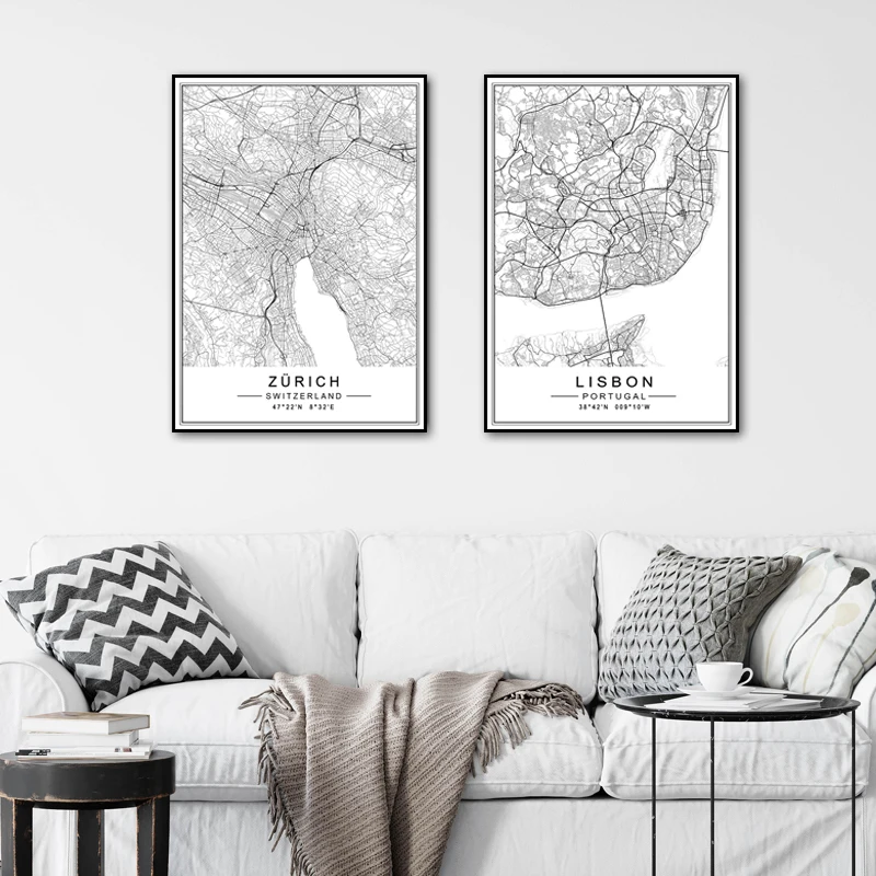 Minimalist-City-LISBON-ZURICH-Map-Travel-Canvas-Painting-Black-White-Wall-Art-Pictures-Posters-Prints-for (3)