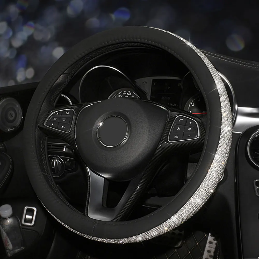Красивые кристаллы, оплетка для колес, автомобильные аксессуары, модный защитный чехол для руля 15 дюймов - Название цвета: Black