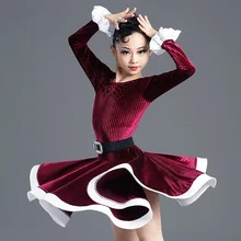 Бархатное современное платье для латинских танцев для девочек, детская одежда для соревнований, бальных танцев, Самба, детская одежда с длинными рукавами для занятий сальсой, Одежда для танцев