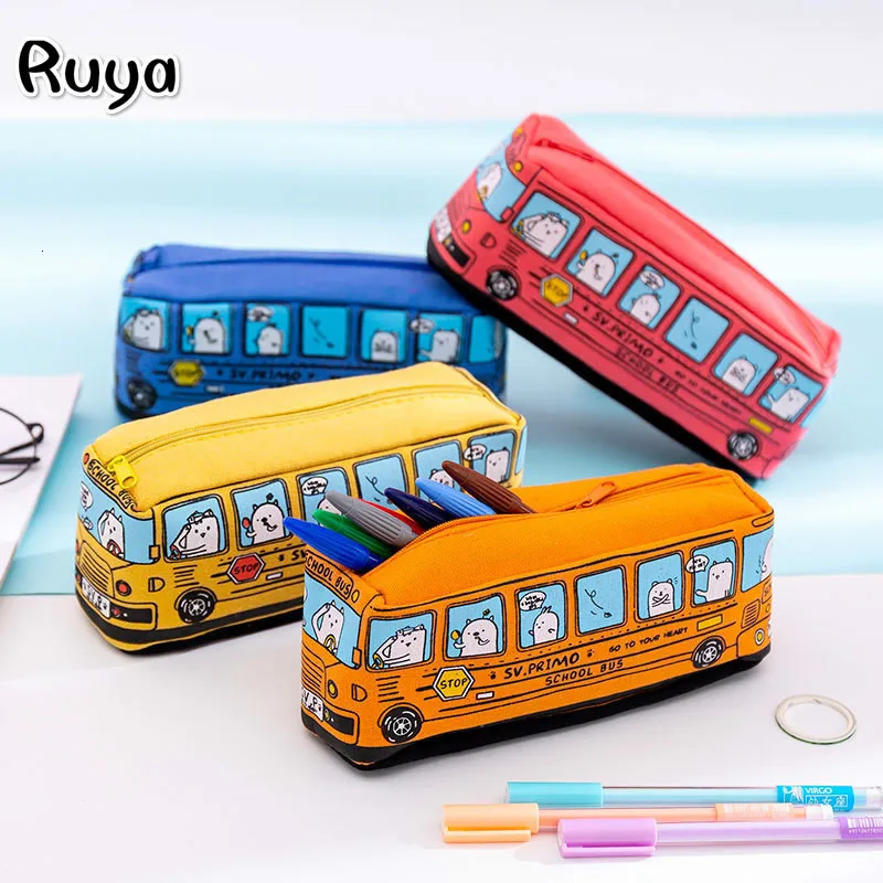 

Cartoon kawaii japanese Stationery items Automobile Pencil pouch Case Pencil Box Canvas Pencil Bag Bus moomin school supplies