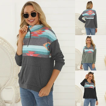 

2019 Autumn Hoodies Sweatshirts Long Sleeve Sudadera Mujer Hoodies Women Gray Black Color Geometric Print Pullover Tops Hooded