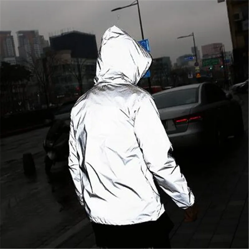 Buy Solid Color Reflective Jacket Coat Men Streetwear Hip Hop Jackets Hoody Slim Fit Spring Autumn Fluorescent Clothing Plus Size