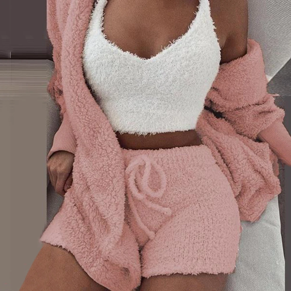 3 Piece Pink Модные длинные плюшевые комплекты из 3 предметов или 2 предметов, куртка с длинным рукавом, женский укороченный топ и шорты, комплект, Красивые популярные женские спортивные комплекты для отдыха - Цвет: 3 Piece Pink