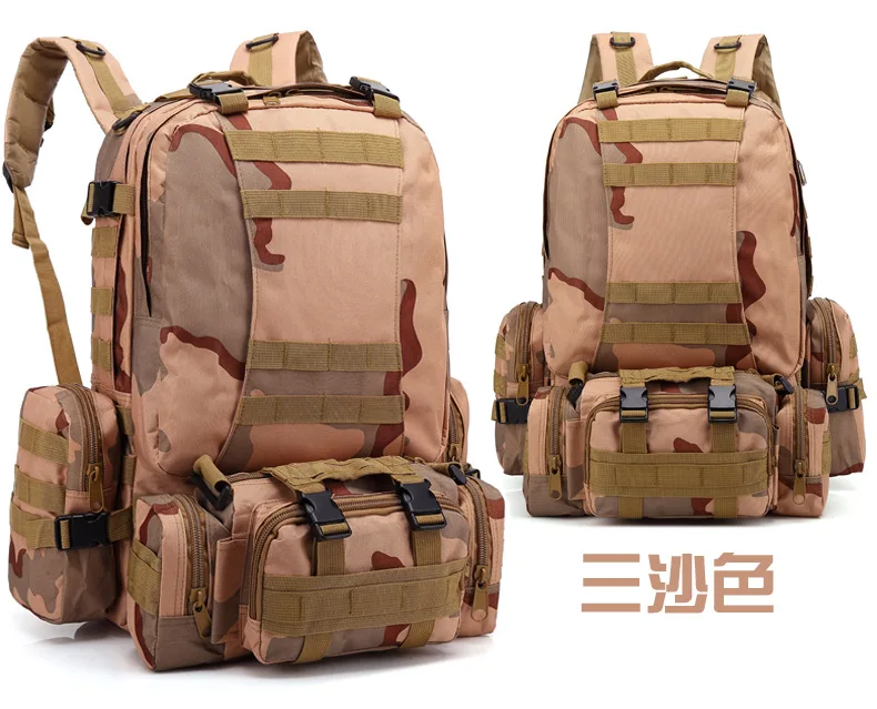 Waterproof 55L Tactical Camouflage sprots backpack men travel outdoor Military male Mountaineering Hiking Climbing Camping bags - Цвет: Three sand color