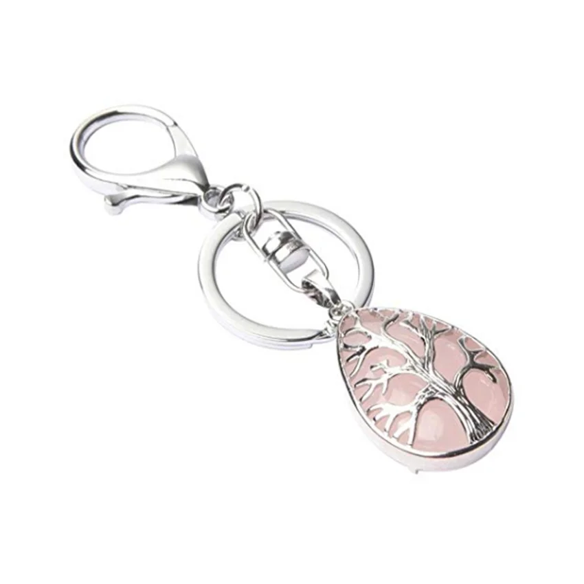

Silver Plated Lobster Clasp Circle Tree of Life Rose Pink Quartz Key Chain Lapis Lazuli Water Drop Jewelry