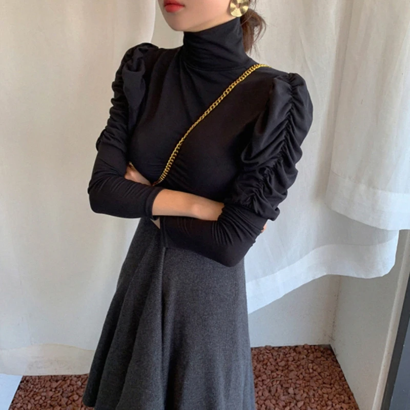 RICININA Повседневная футболка Femme T Женский пуловер Весенняя элегантная однотонная пышная футболка с длинным рукавом женская рубашка Harajuku с высоким воротом