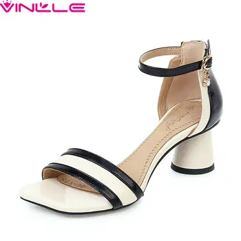 

VINLLE 2020 Square High Heel Sandals PU Leather Fashion Hollow Women Pumps Summer Open-toed Buckle Ladies Shoes Big Size 34-43