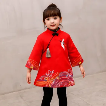 

Cute Girls Red Qipao Cheongsam Chinese Style Mandarin Collar Winter Evening Party Dress Exquisite Embroidery Vestidos Prom Dress