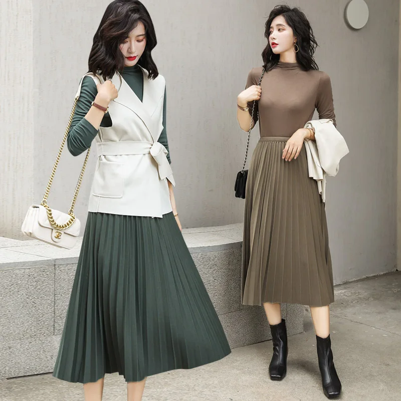 

2019 Autumn New Products Popular WOMEN'S Dress Korean-style Slim Fit Long-sleeved Dress Waistcoat Pleated Skirt Three-piece Set-