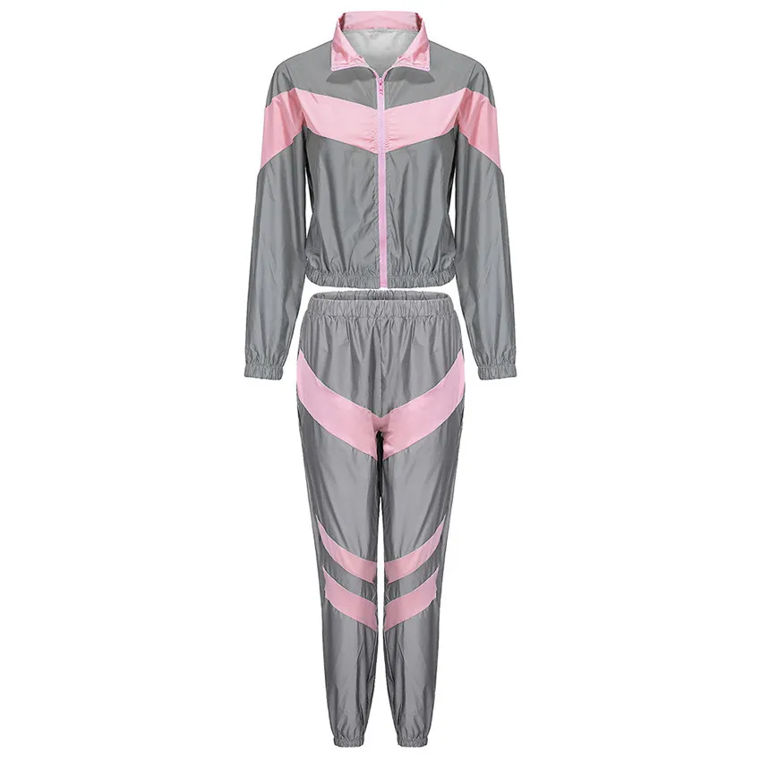 Женский спортивный костюм, комплект из 2 предметов, светоотражающий укороченный топ на молнии, штаны, ветровка, модная женская Свободная светящаяся куртка, пальто, брюки, плюс размер - Цвет: CB435 pink set