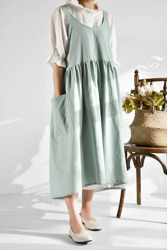 Women Cotton Linen Cross Back Apron Japanese Housework Baking Wrap Florist Dress