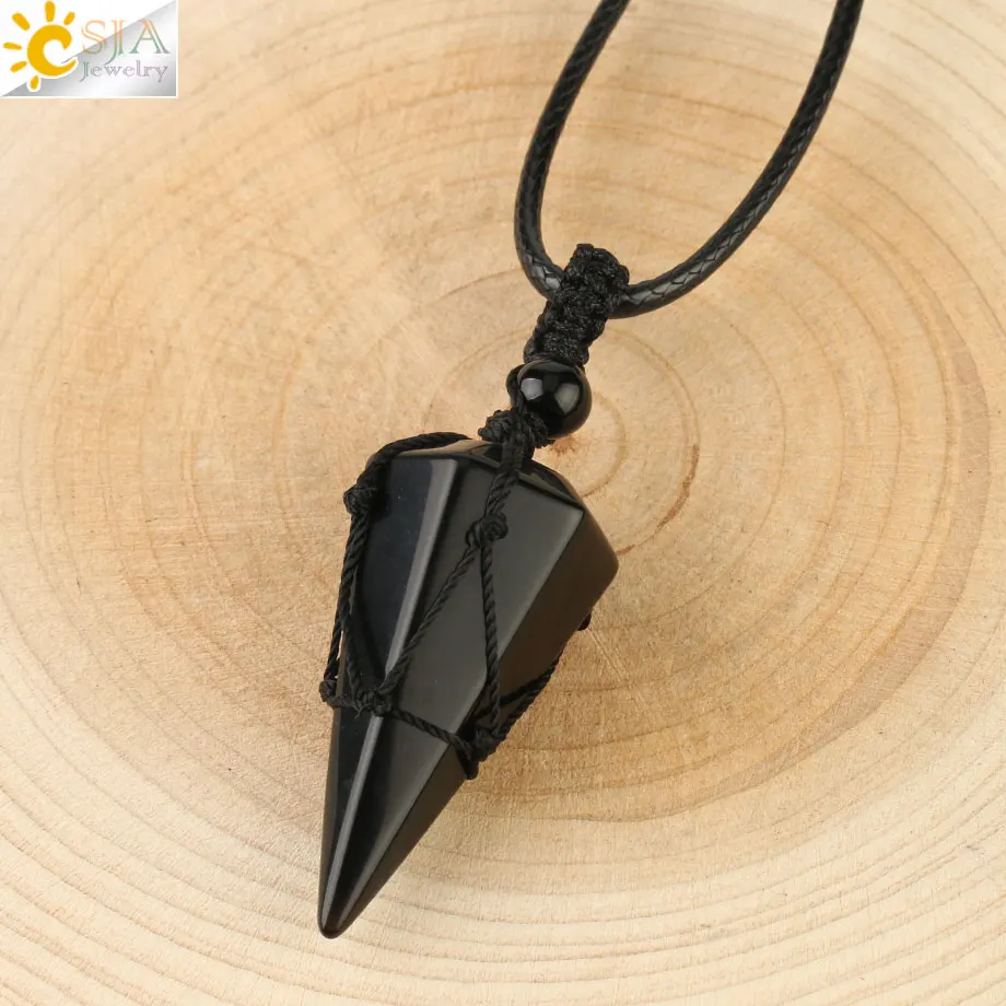 Black Onyx Csja натуральный каменный конус Подвески Кристалл кварц Черная веревка обернутая лечение мужские т камни ожерелье для мужчин женские модные ювелирные изделия G173 - Окраска металла: Black Onyx