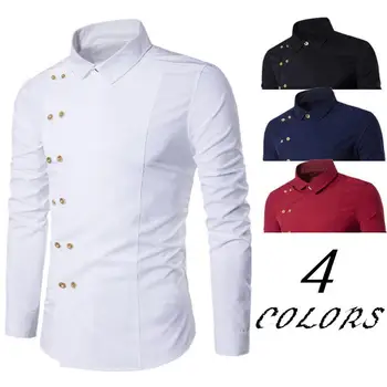 

Men Long Sleeve Turn Down Collar Diagonal Double-breasted Buttons Cotton Shirt