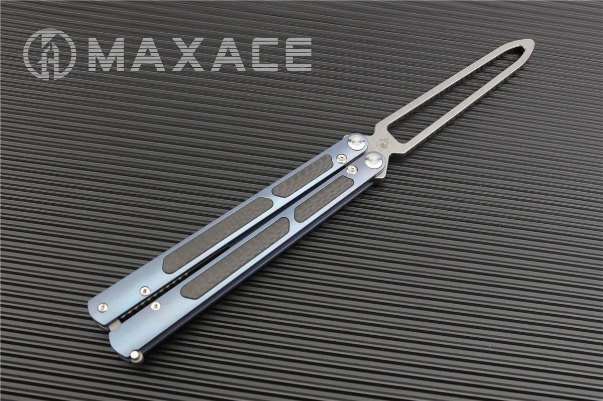 Ножи maxace Пакт тренировочный нож-бабочка нож KVT Керамический шарикоподшипник M390 TC4+ CF Титан jilt не острый Подарочный мешок - Цвет: blue live