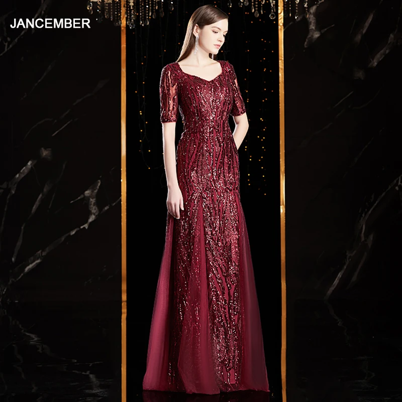 J9026 jancember red mermaid dress deep v neck half sleeve beading sequin zipper back Nightlife Dresses вечерние платья длинные |