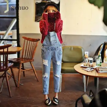 

Jumpsuits Women Ripped Holes Pockets Leisure Kawaii Korean Style Leisure Daily Simple All-match Bodysuits Womens Lovely Jumpsuit