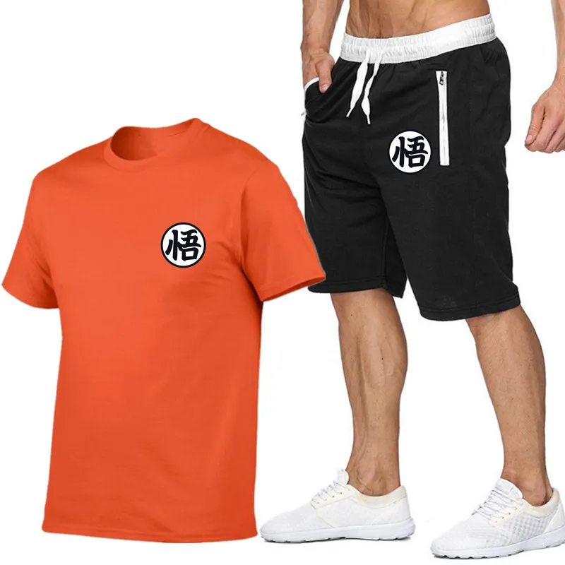 Летние комплекты с короткими рукавами из аниме Dragon Ball Z, мужские повседневные Костюмы, спортивный костюм, хлопковая футболка+ шорты, повседневная одежда с принтом в стиле хип-хоп - Цвет: 25Orange black