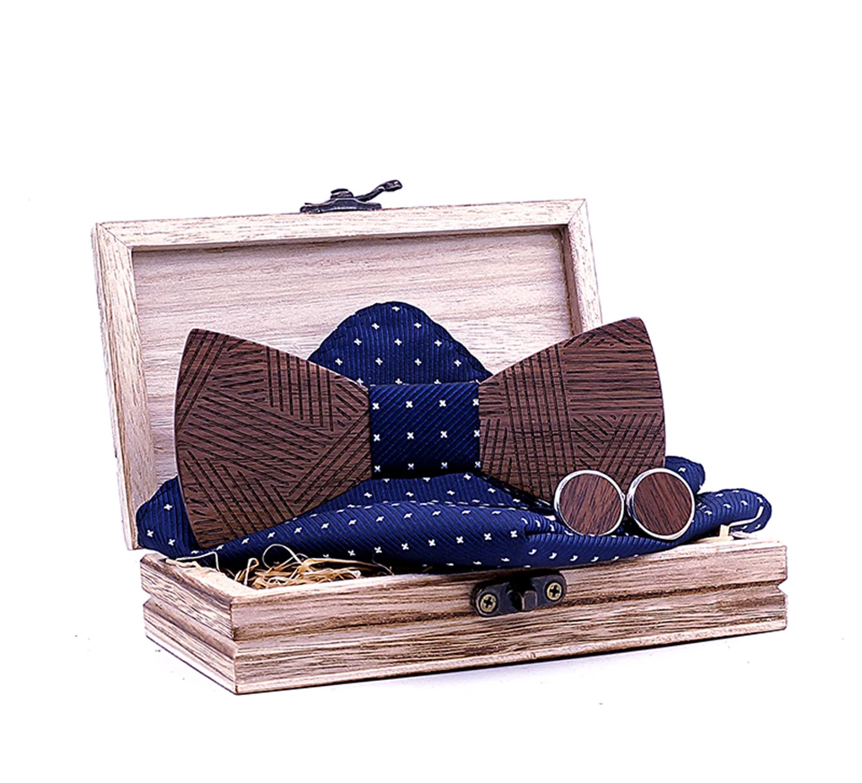  Retro Men's Plaid Wooden Bow Tie Set Striped Wood Bowtie Handkerchief Cufflinks Sets With Wood Box 