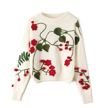 

SISHION Sweater Women Crochet Flower Embroidery Pullover VD1303 Long Sleeve Floral Warm Black White Knitted Sweater