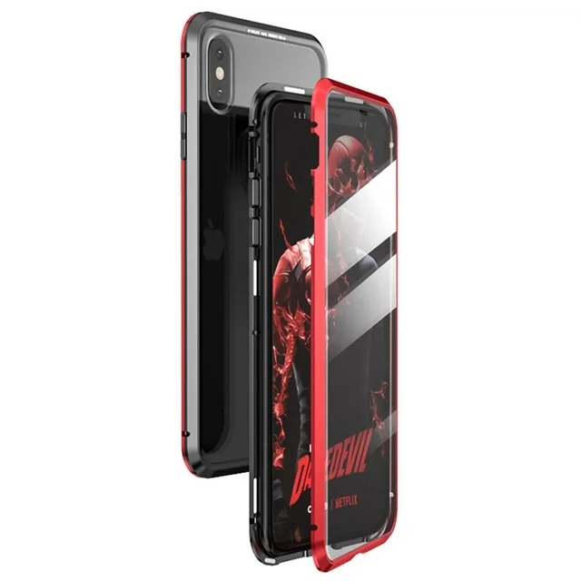 Магнитный металлический чехол для телефона iphone 7 8 6 6S Plus двухсторонний чехол для iphone X XR XS 11 Pro макс. закаленное стекло флип-чехол - Цвет: Black and Red