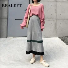 REALEFT, новинка, Осень-зима, шикарные женские вязаные длинные юбки, высокая талия, Harajuku, тюль, прямые, до середины икры, винтажные юбки для женщин