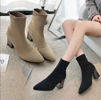 

Socks Boots Women Shoes Woman Boots Fashion High Heel Ankle Boots 2019 New Short Boots Pointed High-heeled Elastic Boots X340