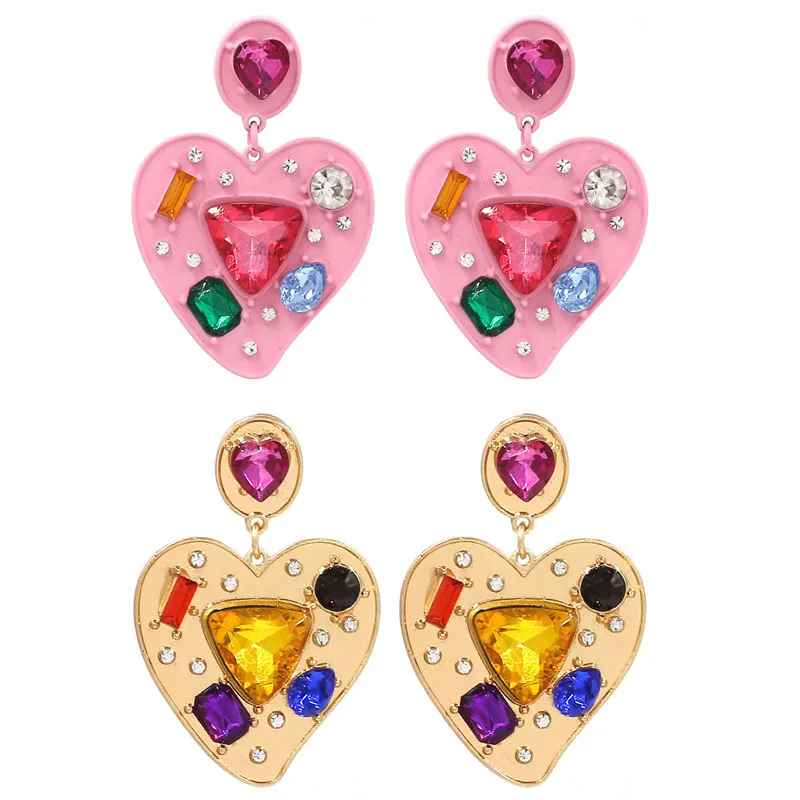 Vintage Pink Heart Rhinestone Earrings for Women Metal Paint Dangle Fashion Jewelry | Украшения и аксессуары
