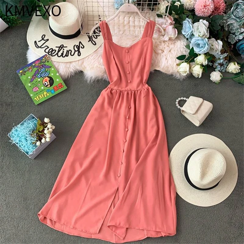 KMVEXO Solid A-line 2020 Summer V-Neck Dress Women Bohemian Vintage Button Long Dresses Pleated Stretch Slim Lady Vestidos KMVEXO Solid A-line 2020 Summer V-Neck Dress Women Bohemian Vintage Button Long Dresses Pleated Stretch Slim Lady Vestidos