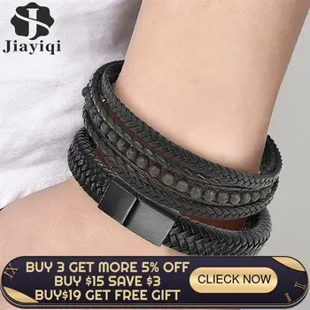

2pcs/set Black Leather Bracelets Men Natural Stone Beaded Stainless Steel Magnetic Clasp Braided Cuff Bangles Punk Male Jewelry