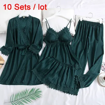 

10 Sets/Lot 4PCS Bride Bridesmaid Wedding Robe Gown Lace Trim Sexy Women Night Bathrobe Kimono Female Bath Gown Summer Sleepwear