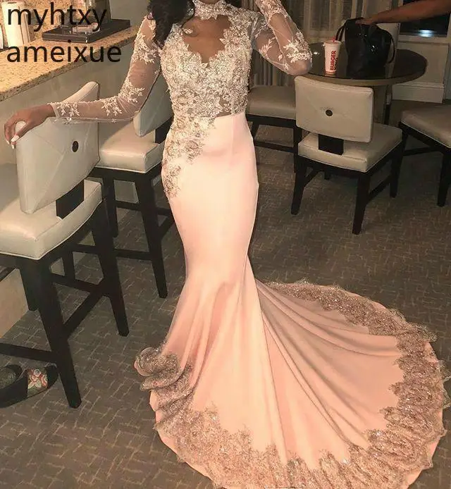 

2019 New Arrival Full High Prom Dresses Floor-length Sweep Train Mermaid Natural Satin Regular Illusion Prom Dresses Elegant