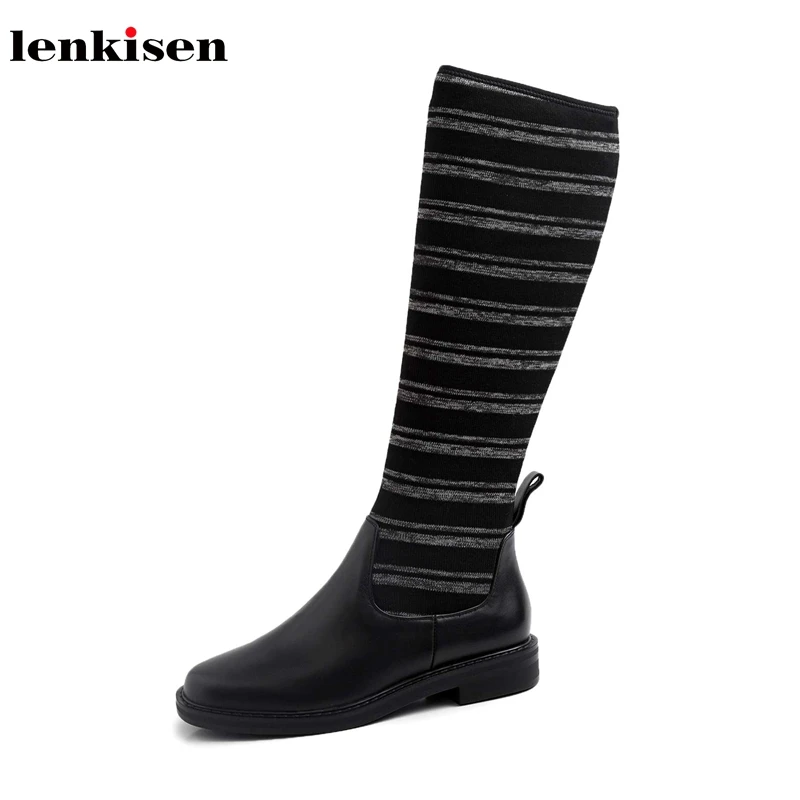

Lenkise new cow leather knitting med heels round toe simple mixed colors preppy style winter keep warm women mid-calf boots L23