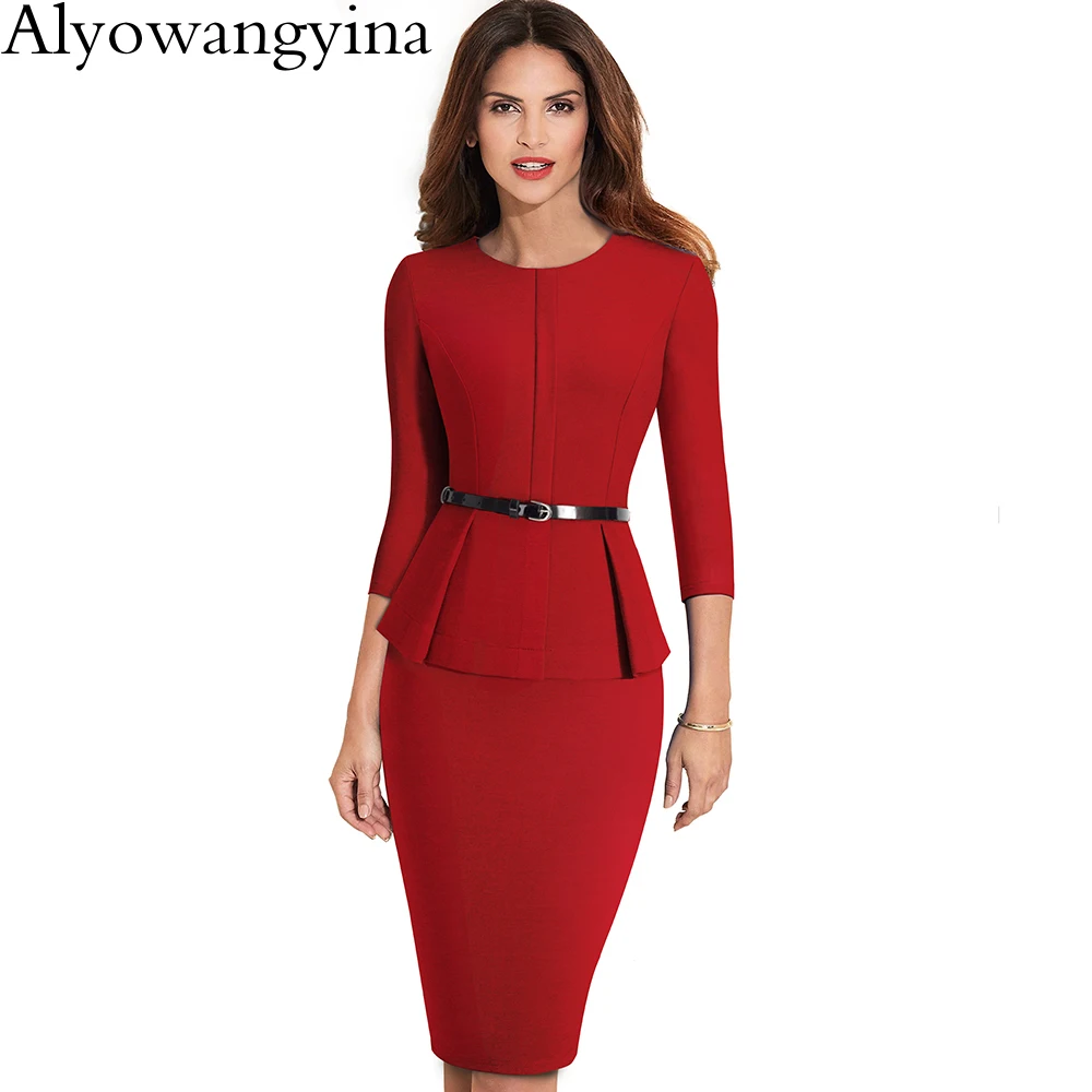 Alyowangyina, женское однотонное ретро платье с отворотом, поясом, баской, Vestidos, деловые, вечерние, бодикон, для офиса, карьера, женское платье, B473