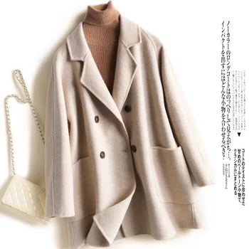 

European and American Women's New Double Sided 100% Pure Wool Coat Casual Vintage Double Breasted Overcoat