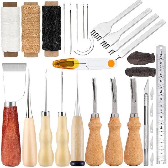 LMDZ Leathercraft Tool Set With Hand Sewing Stitching Punch Carving Tools And Other Leather Working Accessories DIY Tool Set Type4