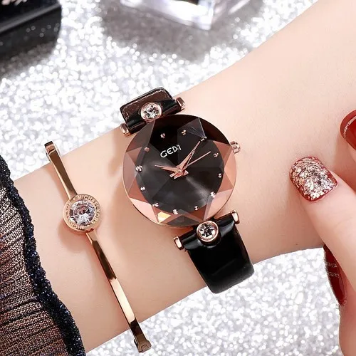 Стиль мадам наручные часы студент простой для отдыха модные тенденции черный кожаный ремешок индивидуальность с украшением в виде кристаллов женские часы - Цвет: D