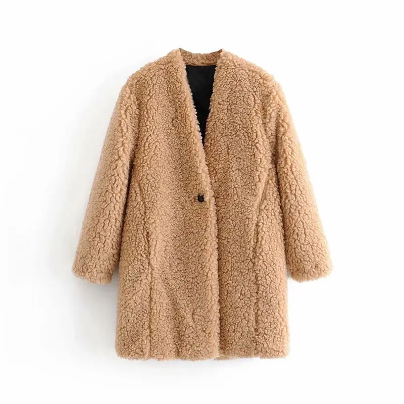 ZA осенне-зимнее флисовое Женское пальто с мехом, куртки с длинным рукавом, шерстяное пальто, модная повседневная теплая уличная куртка черного и коричневого цвета