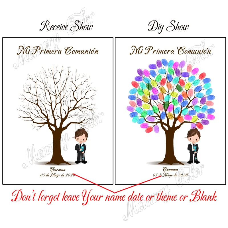 Name Date Spanish Mi Primera Comuni&oacute;n Fingerprint DIY Tree Painting for Kids First Communion Party Souvenir first communion fingerprint tree