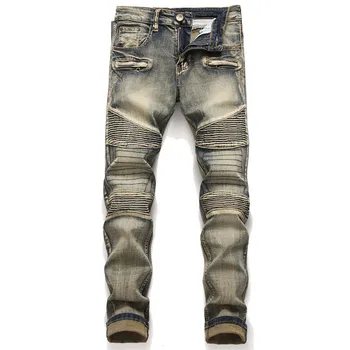 

European American Style mens Denim jeans Men Straight stretch motorcycle blue jeans denim trousers zipper Slim jeans for men