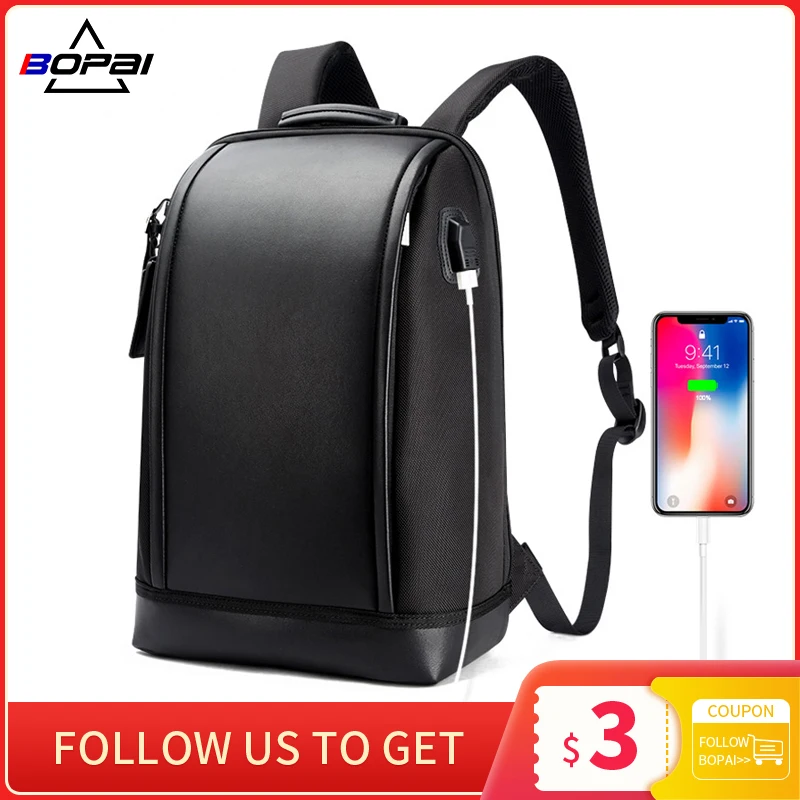 US $50.99 Bopai Shell Shape Business Mens Office Work Backpack Usb Charge Cool Male Leather Daypack Backpack Mens Shoulder Bags For Work