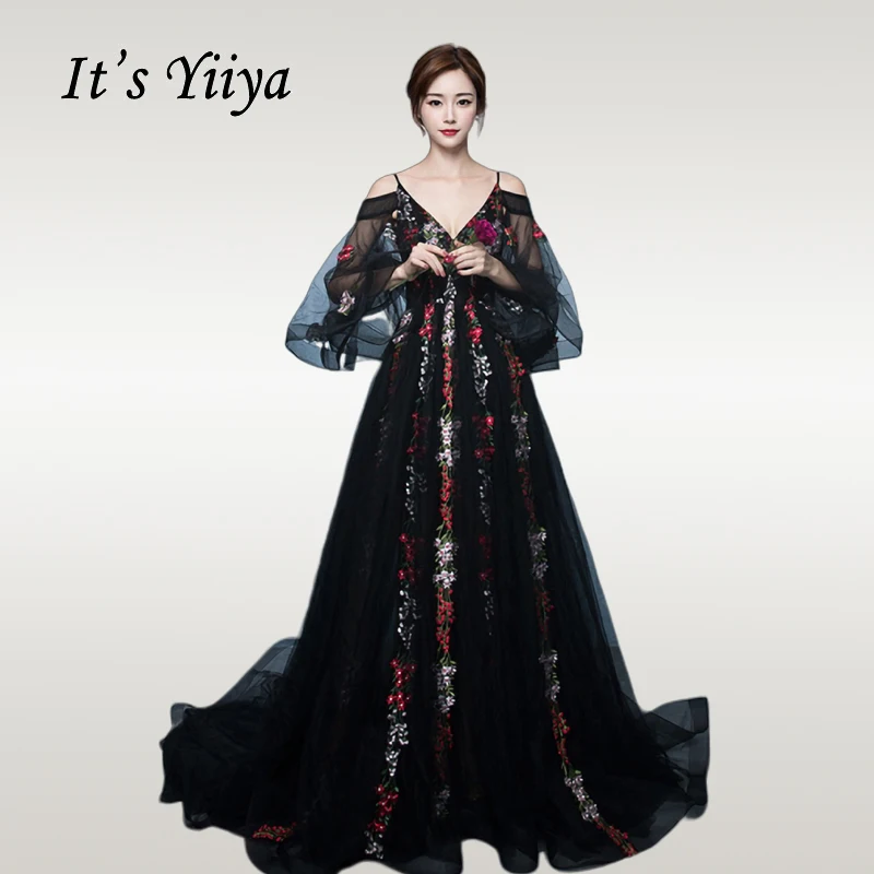 

It's Yiiya Evening Dress Elegant Embroidery Flowers Long Robe De Soiree Plus Size V-neck Off Shoulder Black Formal Gowns E730