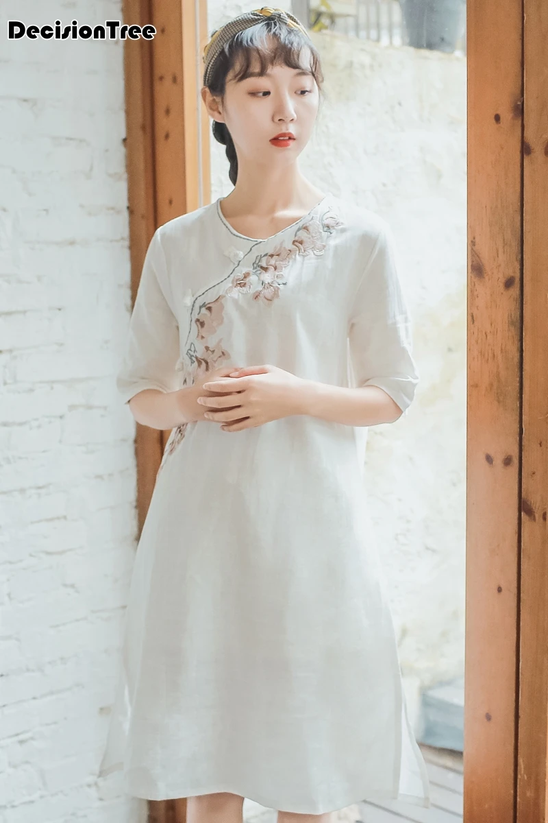 Китайское платье cheongsam qipao китайское традиционное платье женское хлопковое и льняное cheongsam qipao с коротким рукавом длинное платье