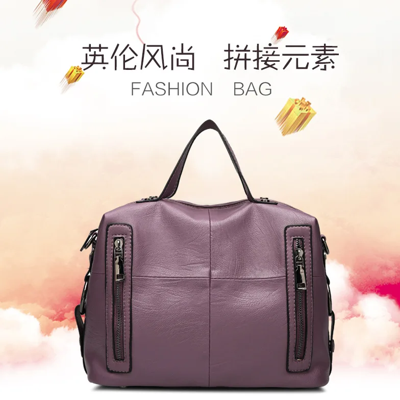 New Real PU Leather Women's Bag Fashion Boston Handheld Messenger Bag Spliced Shoulder Bag
