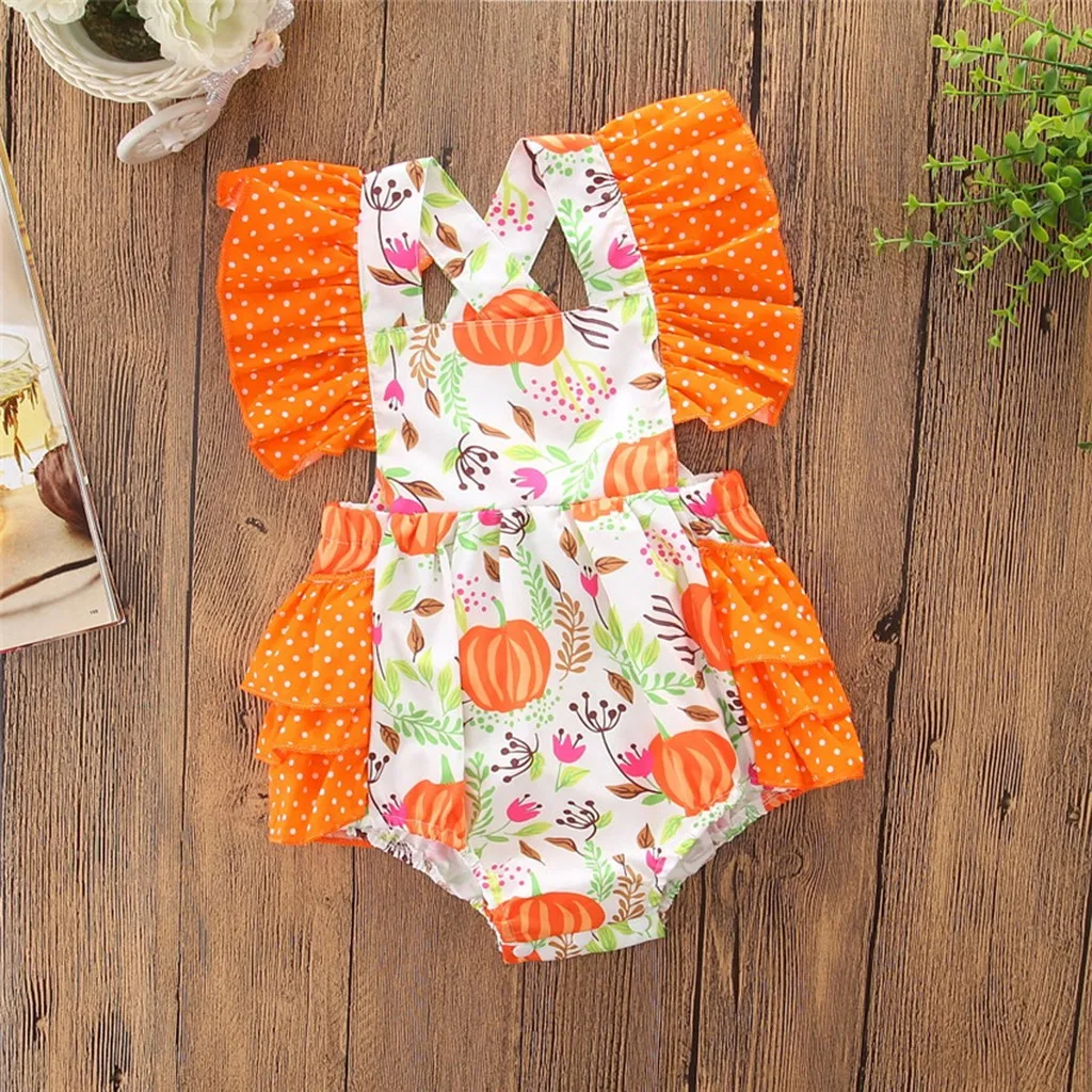 2021 Toddler Baby Girls Halloween Pumpkin Print Lace Romper One Piece Autumn Spring set Children Outfits Easter |