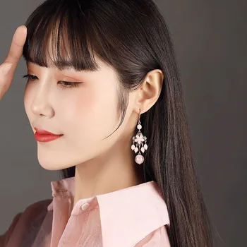 

Asain Ethnic Luxury 925 Glaze Flower Drop Earrings Pink Colors Stone Jewelry Earrings For Women Good brincos