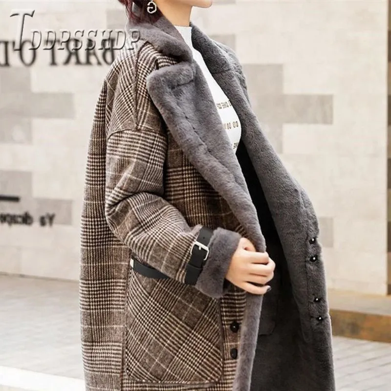 Клетчатое зимнее женское пальто, толстое длинное стильное шерстяное Женское пальто с подкладкой, пушистая куртка