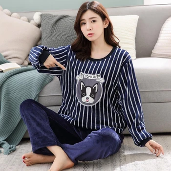 

2020 Winter Couples Casual Striped Thick Warm Flannel Pajamas Sets For Women Long Sleeve Coral Velvet Pyjamas Men Soft Sleepwear
