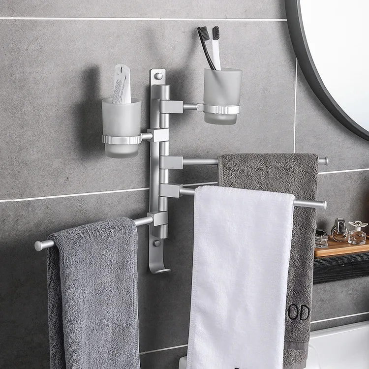 

Rotary towel rack without punching space aluminum creative activity wall-mounted towel rack bathroom shelf with cup