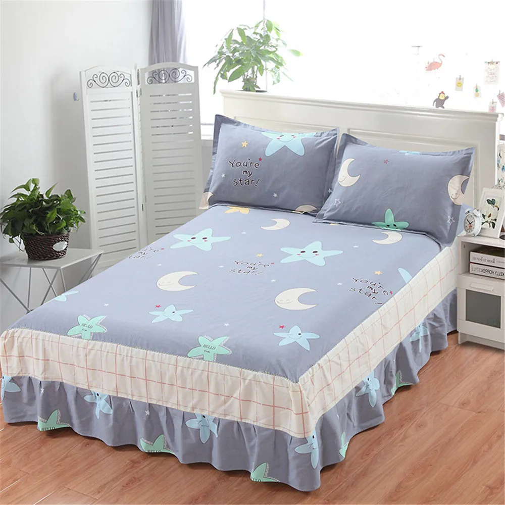 

Yellow gray moon stars bedding set bed skirt 3pcs soft pillowcase double single full twin protection cover Elastic mattress kid