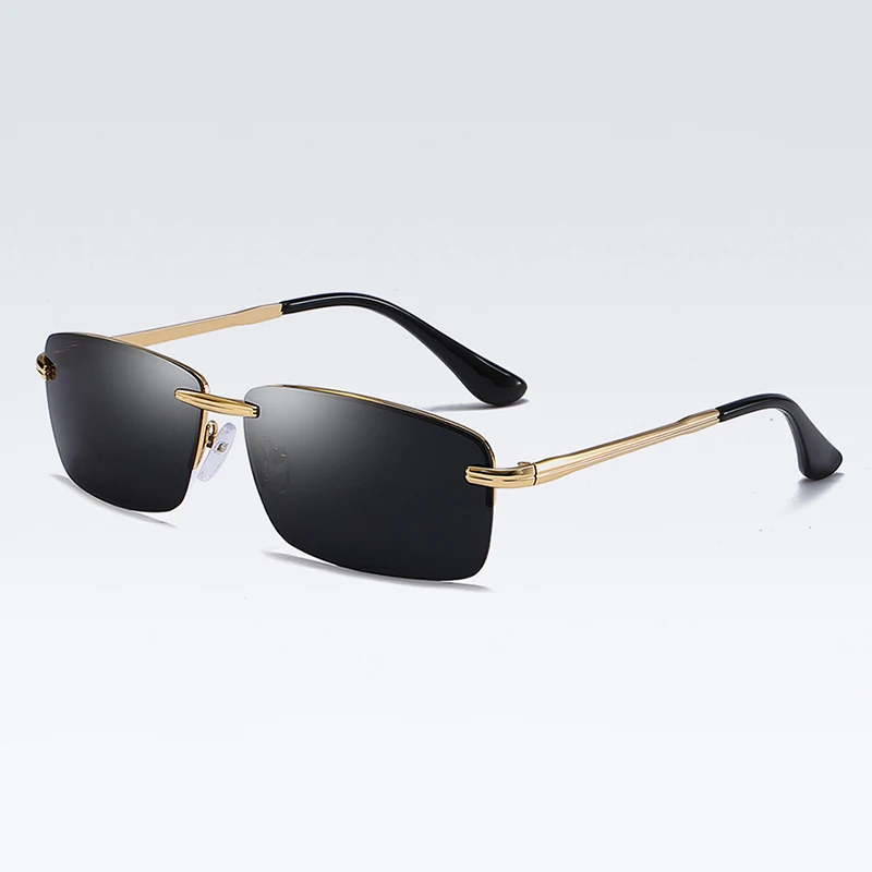 Men Rimless Rectangle Sunglasses Polarized UV Protection Sunslasses Men Brand Drive Glasses Man Sun Glasses Male Change Glass905 - Lenses Color: Gold Grey